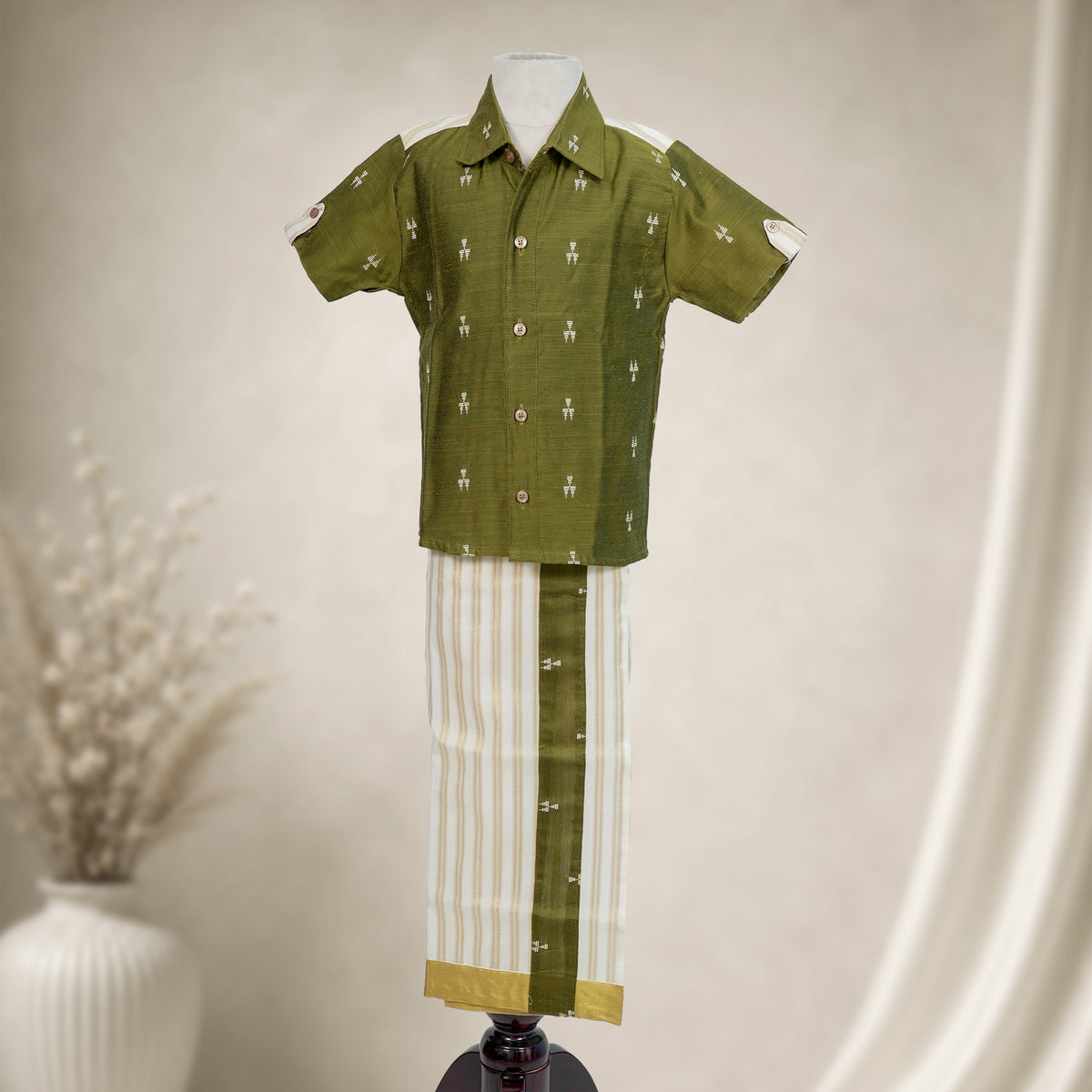 Boys Olive Shirt & Velcro Veshti