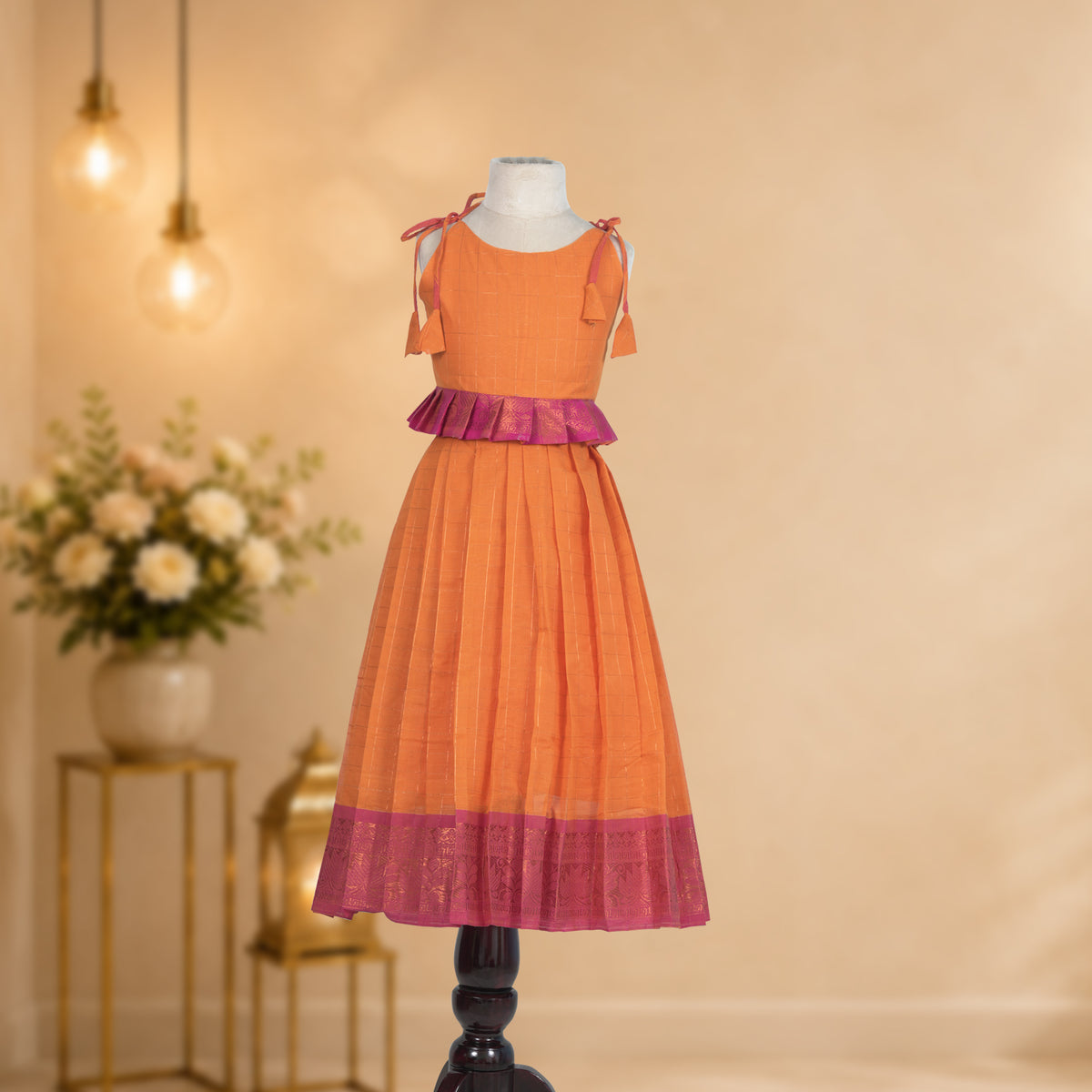 Orange & Pink Tie-Up Pavadai / Lehenga